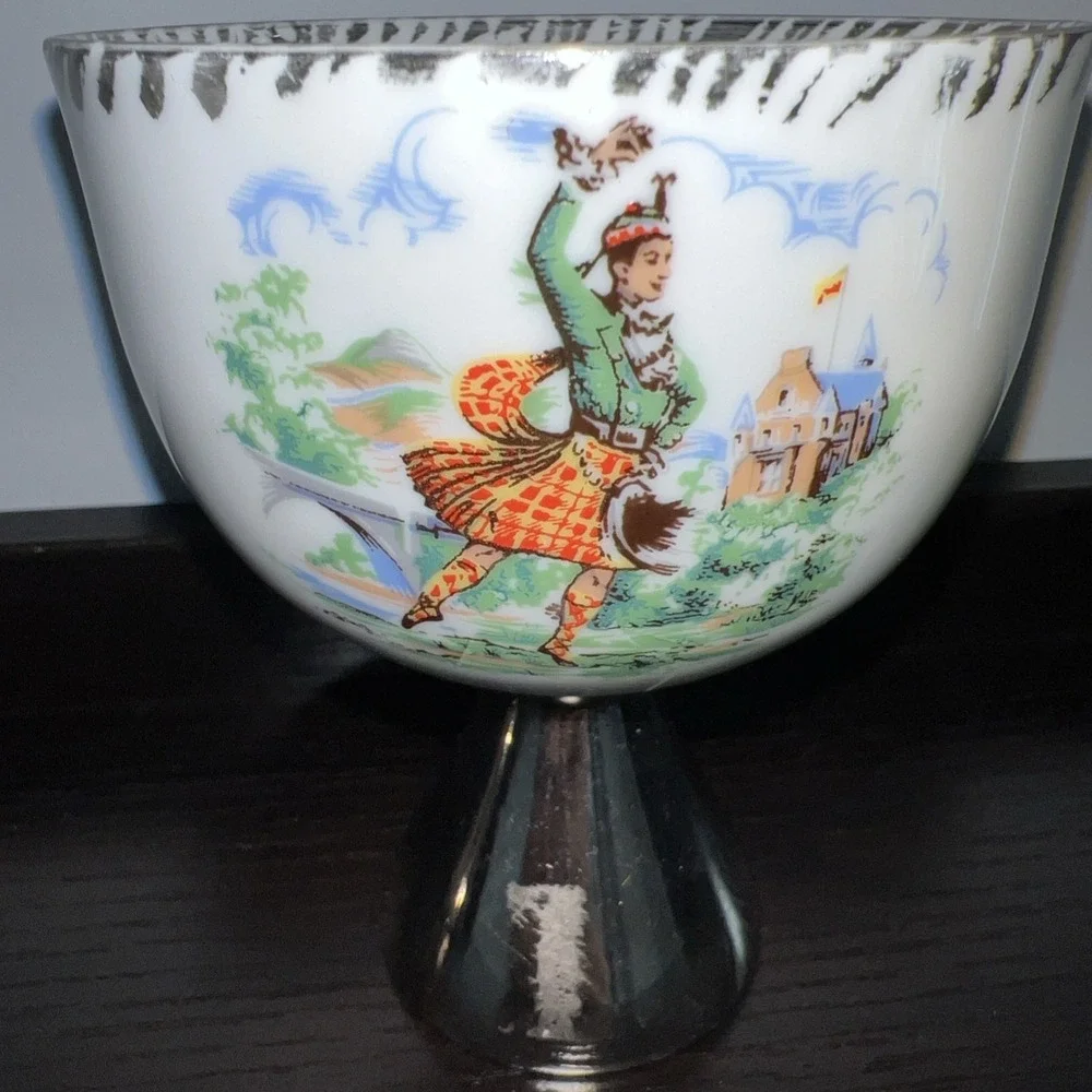 vintage Scottish Dancer porcelain footed cup artist signed 1968